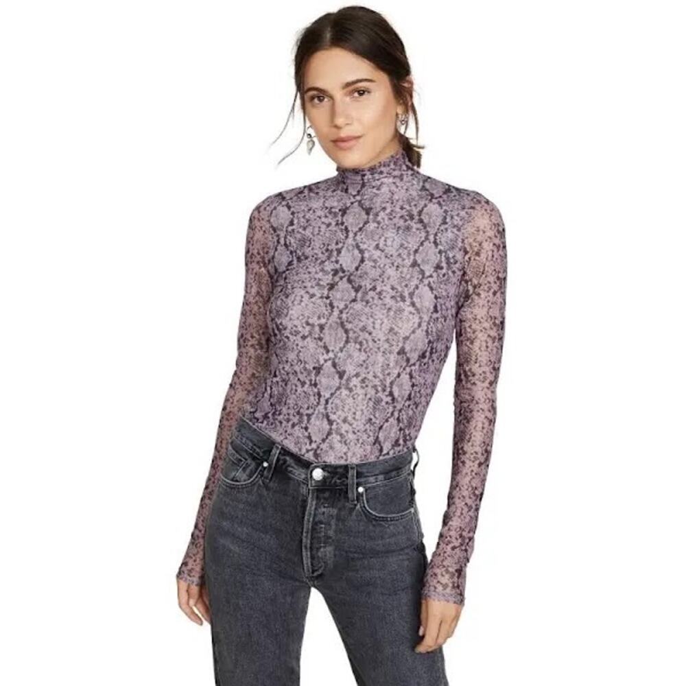 Cinq à Sept Python Mesh Semi Sheer Purple Long Sleeve Turtleneck Size Small
